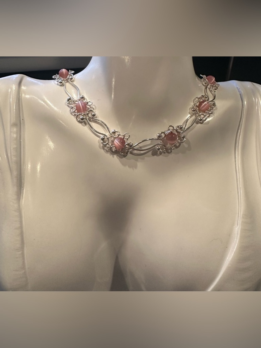 Pink Stone Silver Vintage Style Chocker Floral Necklace Lobster Crab Clasp